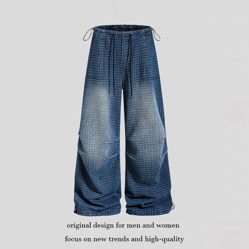 Damen Weite High‑Waist Culotte-Jeans mit Kordelzug, Karomuster und verstellbarem Saum Nord Taschen