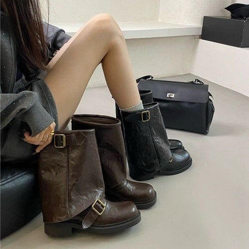 Damen Glänzende Mid‑Calf Bikerboots mit Zierriemen und Schnallen Nord Taschen