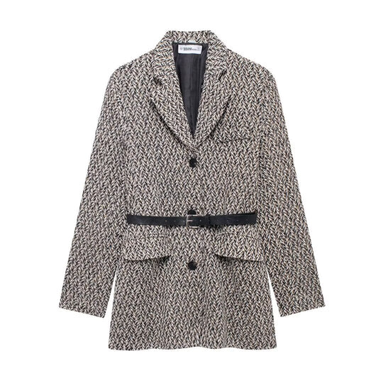 Damen Midilanger Bouclé-Tweed-Blazerjacke mit Lederimitat‑Gürtel Nord Taschen