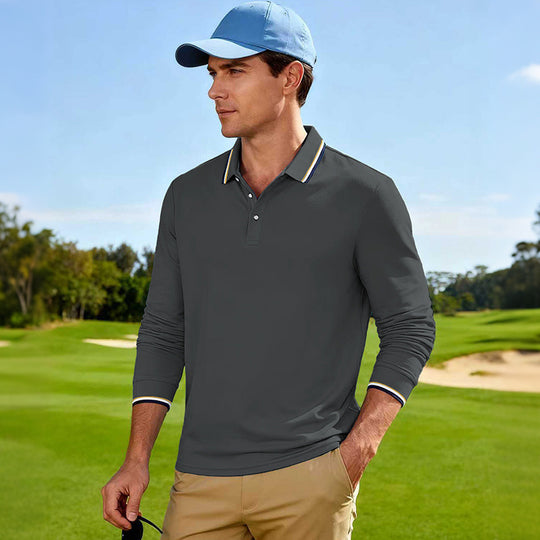 Herren Langärmeliges Performance-Golfpoloshirt mit Kontrastkragen Nord Taschen