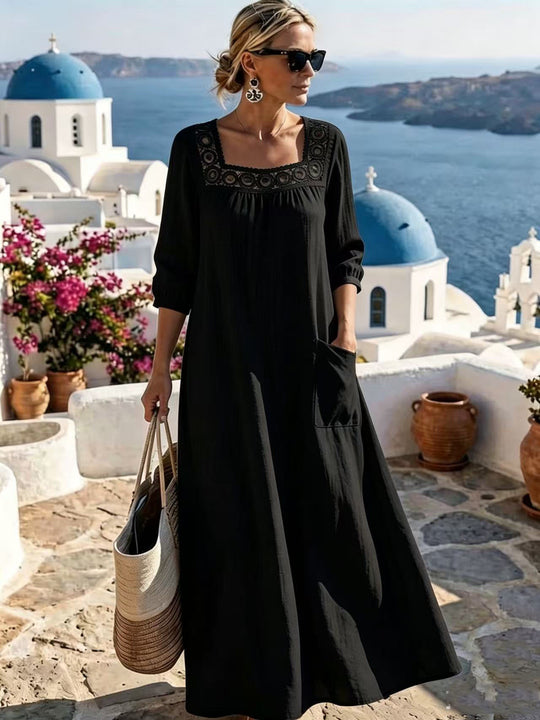 Damen Maxikleid mit gehäkeltem Quadrat-Ausschnitt, dreiviertel Ärmeln und Eingrifftasche Nord Taschen