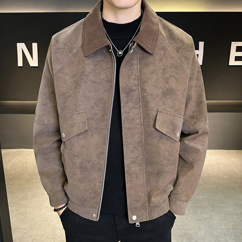 Herren Oversize Utility-Bomberjacke aus Kunstleder mit geripptem Saum und Hemdkragen Nord Taschen