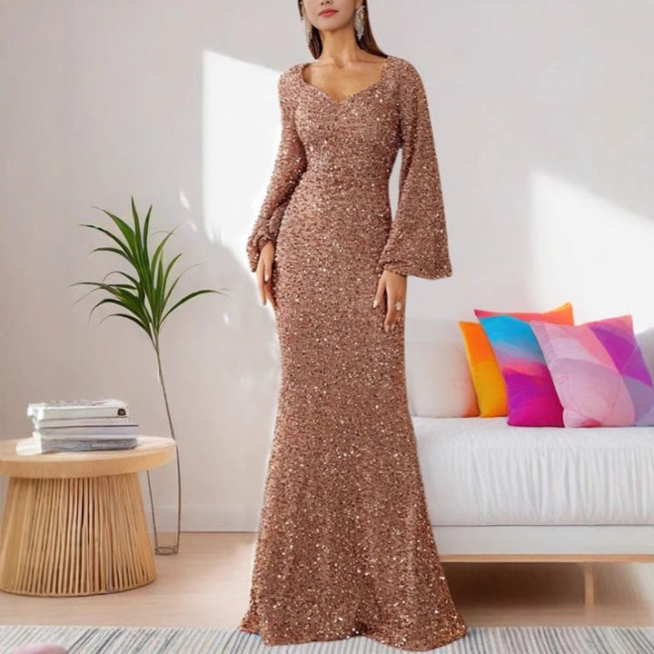 Damen Glamouröses Glitzer-Abendkleid mit schwingendem Rock und voluminösen Ärmeln