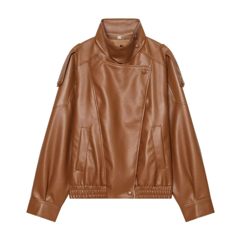 Damen Kunstleder-Bomberjacke mit hohem Stehkragen, asymmetrischem Verschluss und elastischem Saum Nord Taschen