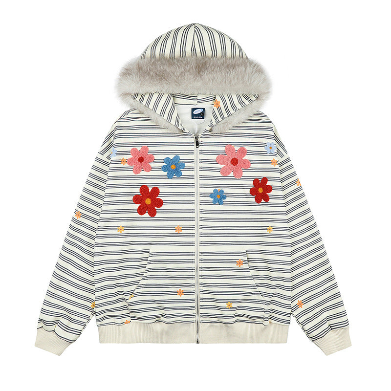 Damen Kapuzen-Zipjacke im gestreiften French-Terry mit Kunstfellkapuze und Blumenstickerei Nord Taschen
