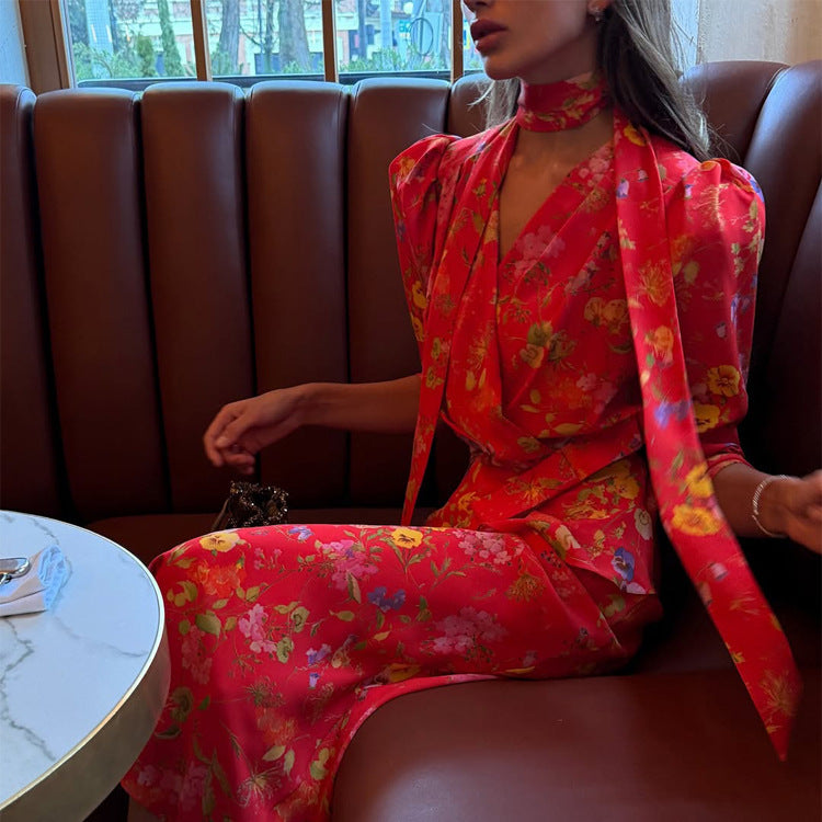 Damen Wickel-Maxikleid mit floralem Print, Puffärmeln und Schalkragen Nord Taschen