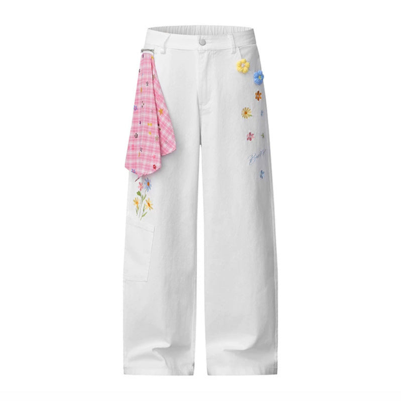 Damen Weite High‑Waist Denim‑Palazzo‑Jeans mit Blumenstickerei, Cargo‑Tasche und Tuchdetail Nord Taschen