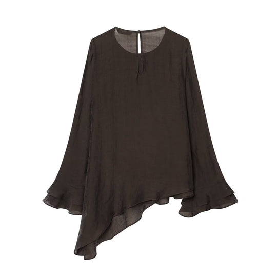 Damen 50+ mehrlagige Volant‑Bluse mit asymmetrischem Saum und Glockenärmeln Nord Taschen
