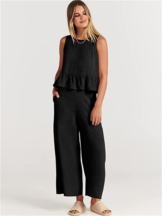 Damen Zweiteiler-Set mit schickem Peplum-Oberteil und weit geschnittenen Hosen
