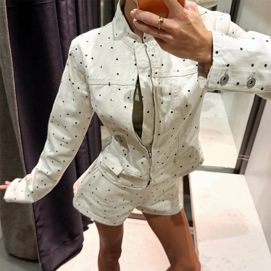 Damen Zweiteiliges Set mit taillierter Jacke und High‑Waist‑Shorts im Punkteprint Nord Taschen