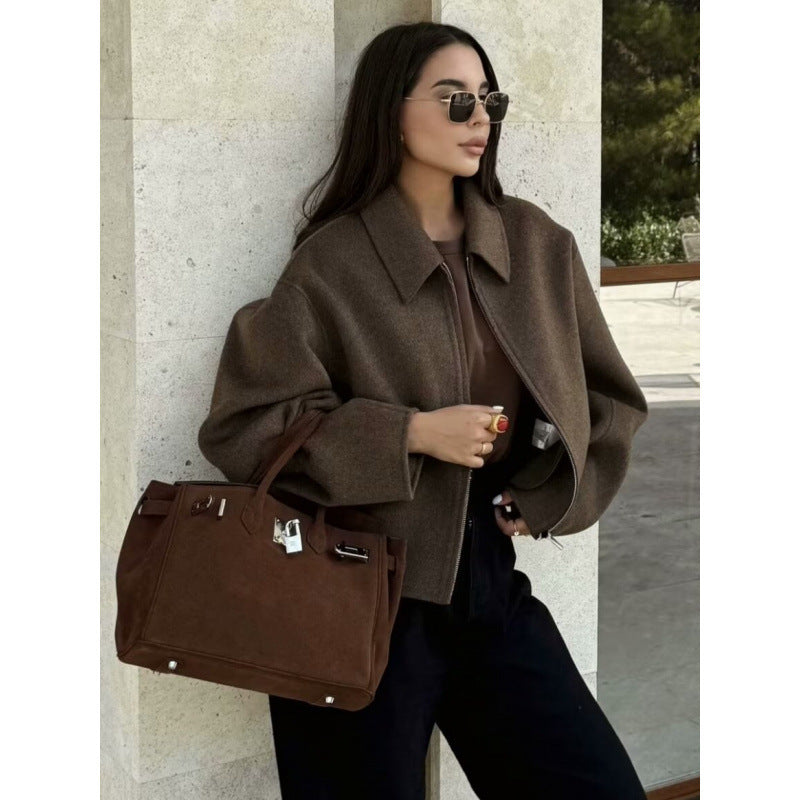 Herren Boxy Wollmix-Blouson mit Reißverschluss und Hemdkragen Nord Taschen