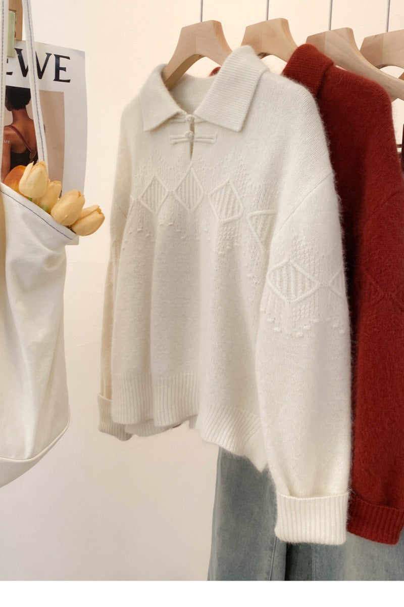 Damen Polokragen-Pullover im Mohair‑Look mit Ajour‑Zopfmuster, überschnittener Schulter und weiter Silhouette Nord Taschen