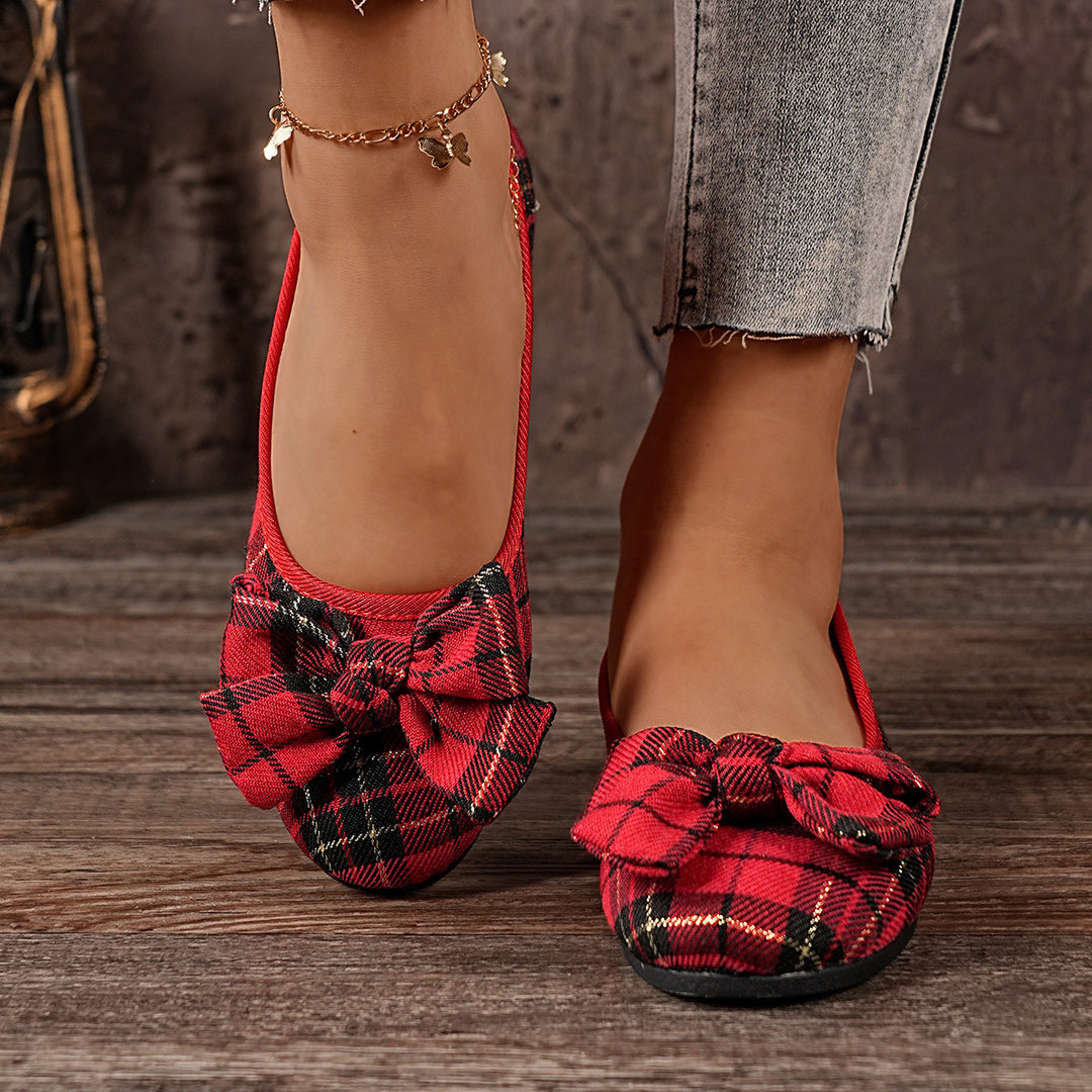 Damen  karierter Ballerina Slipper mit dekorativer Schleife und gepolstertem Komfortfußbett Nord Taschen