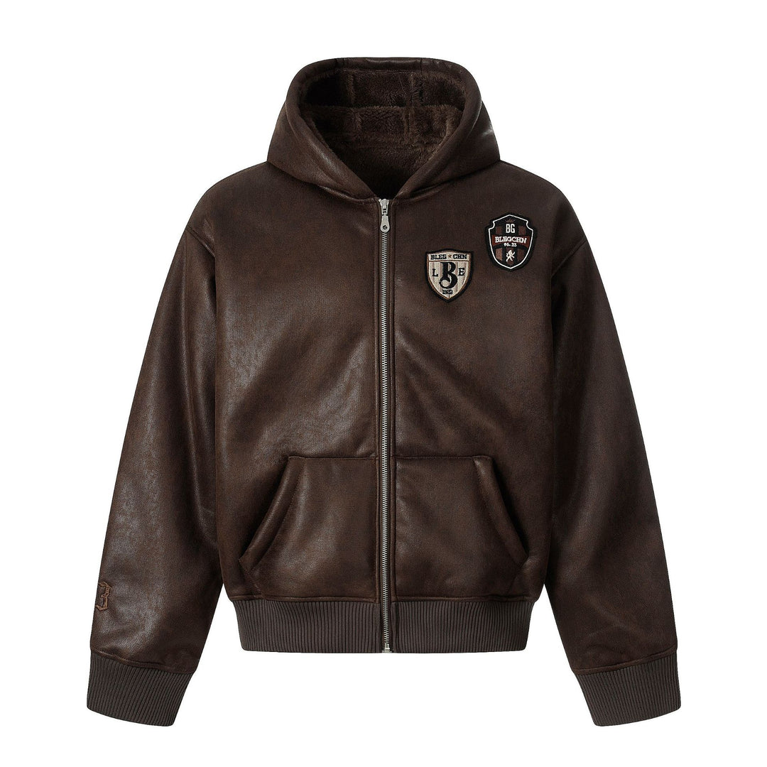 Herren Kapuzen-Lederblouson mit Teddyfutter und Rippbündchen Nord Taschen