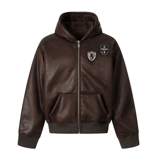 Herren Kapuzen-Lederblouson mit Teddyfutter und Rippbündchen Nord Taschen