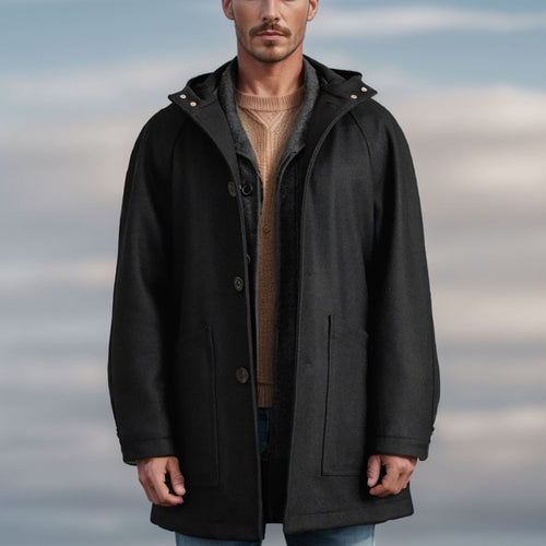 Herren Kapuzenmantel aus Wollmix mit gerader Silhouette, verdeckter Knopfleiste und großen Aufgesetzten Taschen Nord Taschen
