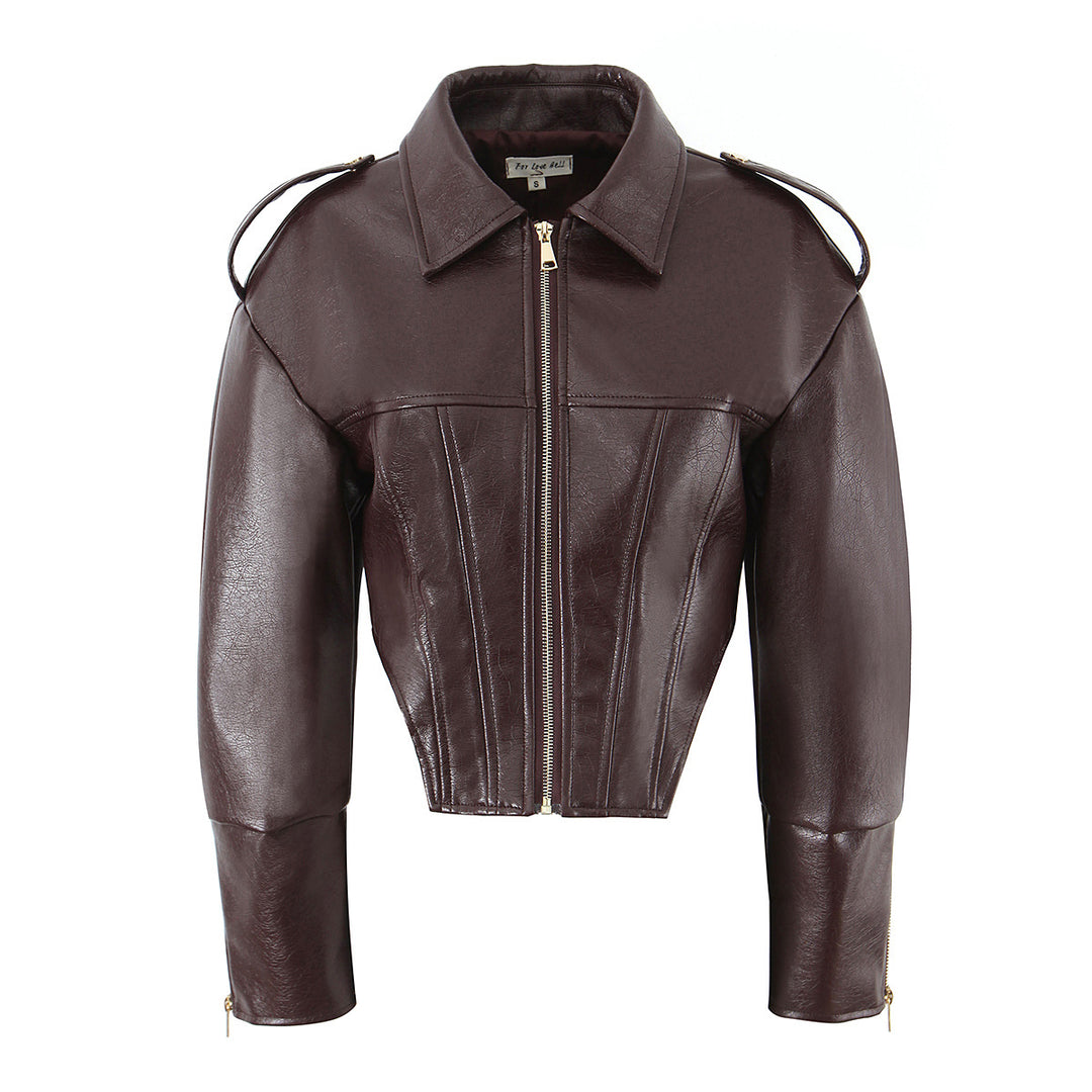 Damen Kurz geschnittene taillierte Bikerjacke aus Lederimitat mit Korselett-Nähten und Schulterklappen Nord Taschen