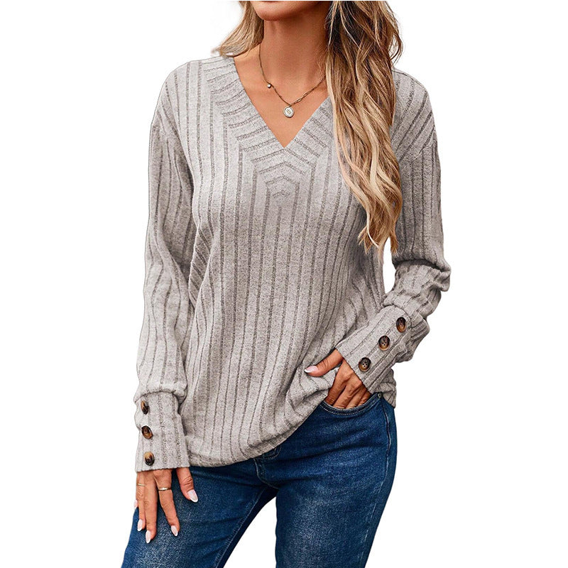 Damen Gerippter V-Ausschnitt Strickpullover mit Knopfmanschetten Nord Taschen
