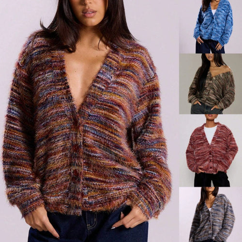 Damen Flauschiger Grobstrick-Cardigan mit V-Ausschnitt Nord Taschen