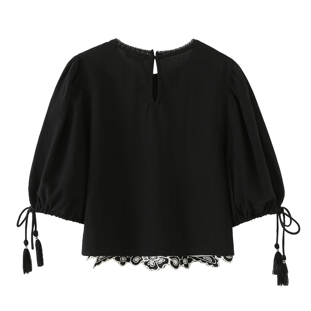 Damen bestickte Bluse mit Trompetenärmeln, Quasten und floraler Spitzenbordüre Nord Taschen