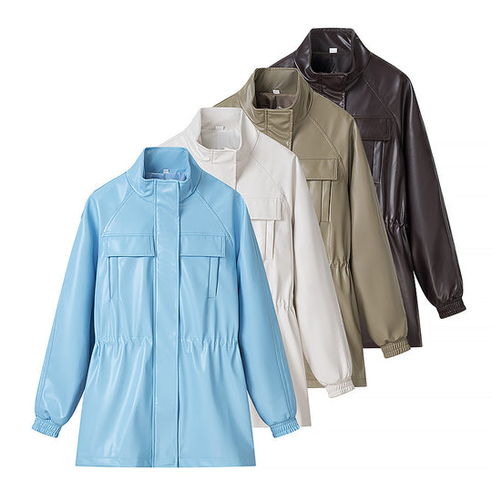 Damen Kunstleder-Parka mit Tunnelzugtaillen, Stehkragen und Pattentaschen Nord Taschen
