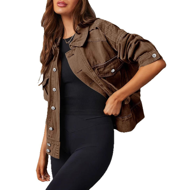 Damen kurze oversized Jeansjacke mit aufgesetzten Brusttaschen und krempelbaren Ärmeln Nord Taschen