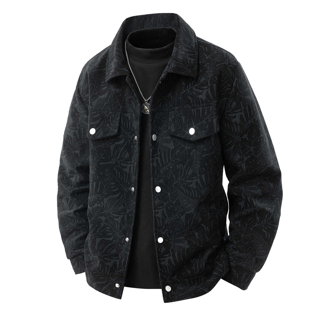Herren Kordjacke im Truckerstil mit tonalem Blattmuster, Druckknopf‑Front und Pattentaschen Nord Taschen