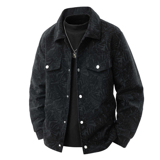 Herren Kordjacke im Truckerstil mit tonalem Blattmuster, Druckknopf‑Front und Pattentaschen Nord Taschen
