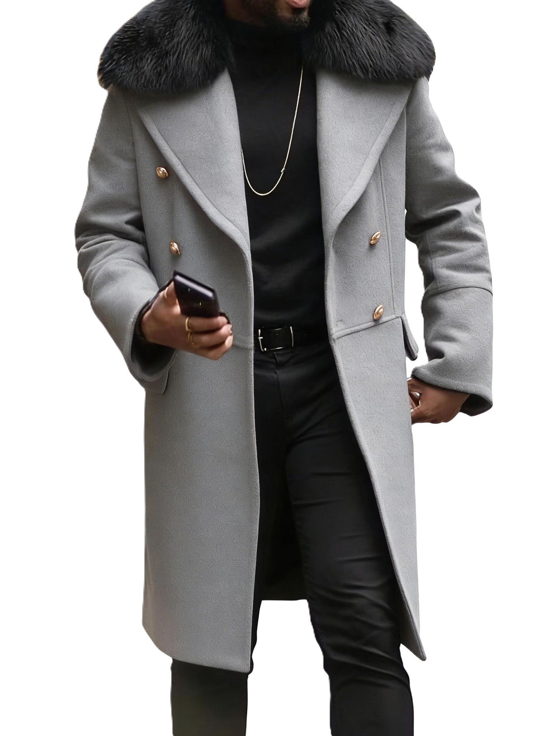 Herren Doppelreihiger Wollübermantel mit voluminösem Schafsfellkragen und goldenen Zierknöpfen Nord Taschen