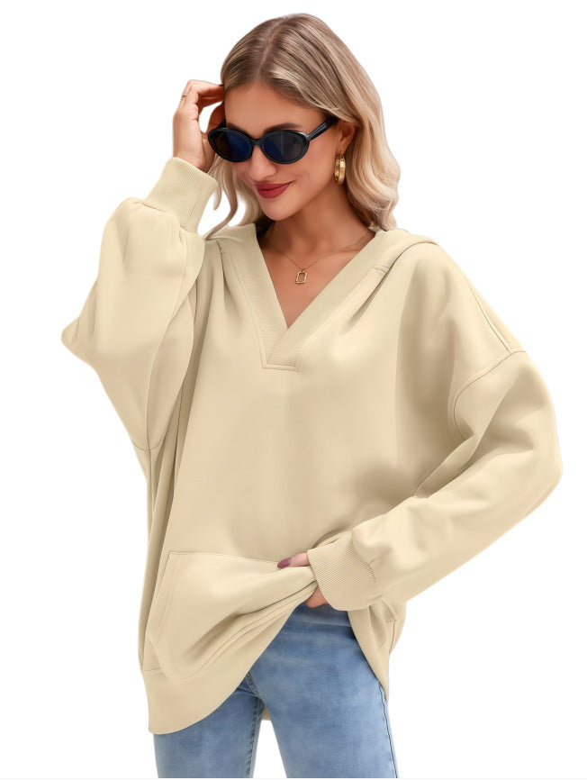 Damen Oversize V-Ausschnitt Hoodie mit Kapuze, Kängurutasche und verlängertem Saum Nord Taschen