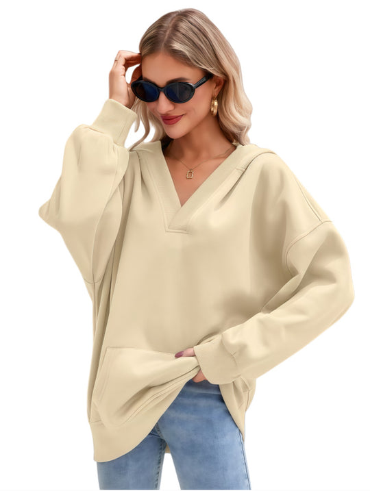 Damen Oversize V-Ausschnitt Hoodie mit Kapuze, Kängurutasche und verlängertem Saum Nord Taschen