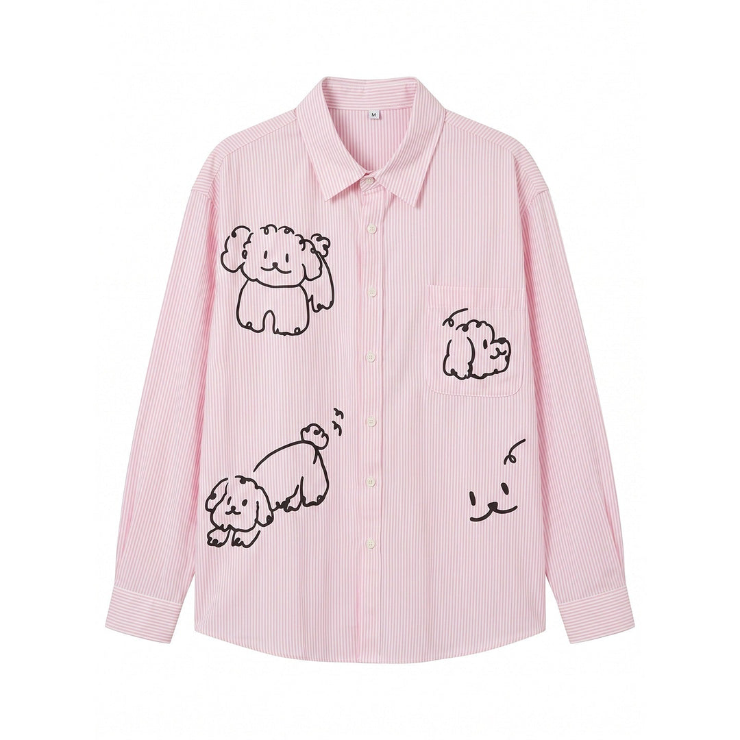 Damen Gestreifte Oversize-Hemdbluse mit Hundedoodle-Prints und Brusttasche Nord Taschen