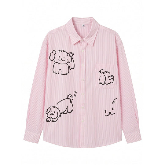 Damen Gestreifte Oversize-Hemdbluse mit Hundedoodle-Prints und Brusttasche Nord Taschen