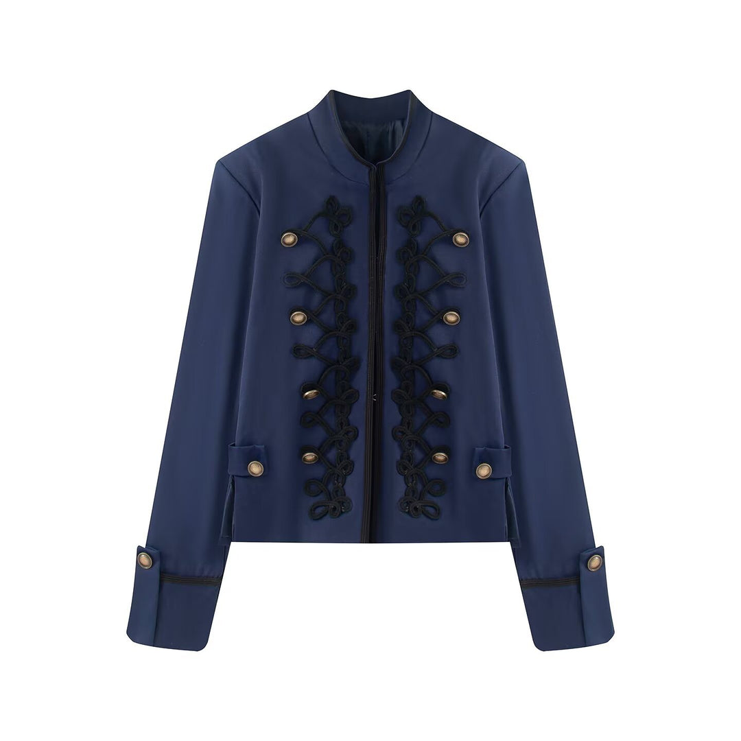 Damen Kurzjacke im Militärestil mit Stehkragen Kordverzierung und Zierknöpfen Nord Taschen