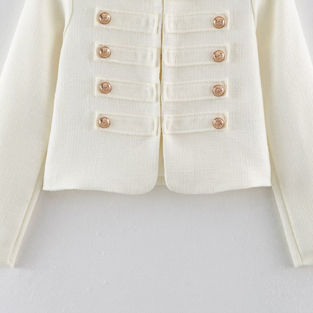 Damen Kurze Bouclé-Jacke im Militärstil mit Zierleisten und goldenen Knöpfen Nord Taschen