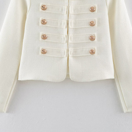 Damen Kurze Bouclé-Jacke im Militärstil mit Zierleisten und goldenen Knöpfen Nord Taschen