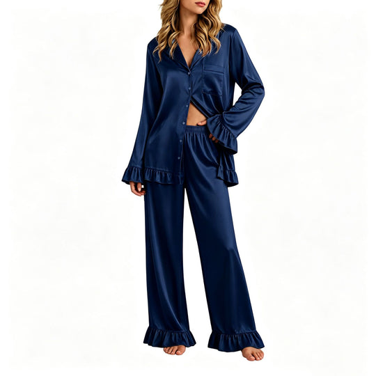Damen Satin-Pyjama-Set mit Knopfhemd, weiten Palazzo-Hosen und Rüschensaum Nord Taschen