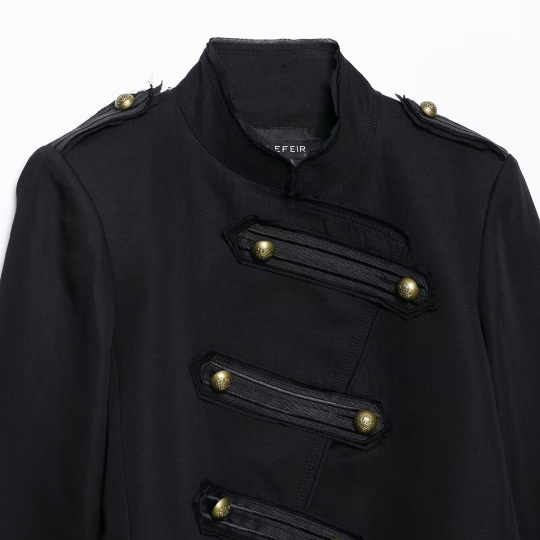 Damen Kurz geschnittene Militärjacke im Husarenstil mit Stehkragen und Zierknopfleiste Nord Taschen