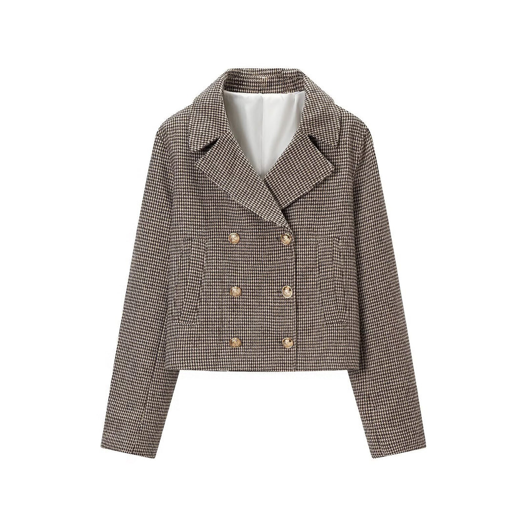 Damen Kurzgeschnittener Doppelreihiger Hahnentritt-Blazer mit taillierter Silhouette und goldenen Zierknöpfen Nord Taschen