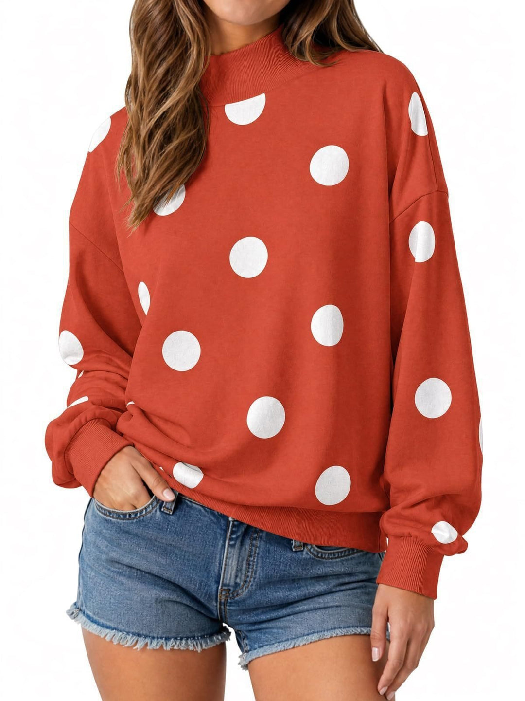 Damen Locker geschnittenes Sweatshirt mit Stehkragen und großen Punkten Nord Taschen