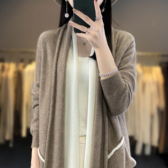 Damen Langer offener Cardigan in Kaschmir‑Look mit Schalkragen und Eingriffstaschen Nord Taschen