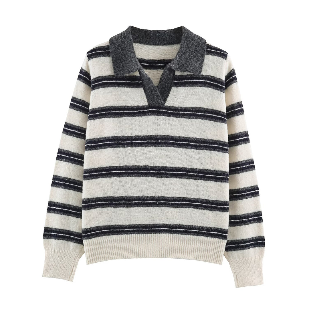 Damen Gestreifter Polokragen-Pullover mit Knopfleiste und Rippbündchen Nord Taschen