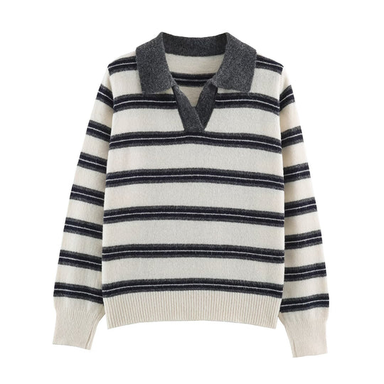 Damen Gestreifter Polokragen-Pullover mit Knopfleiste und Rippbündchen Nord Taschen