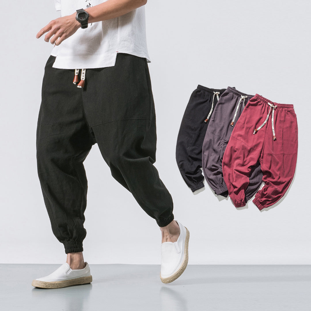 Herren relaxed Fit Leinen-Jogger mit Tunnelzug, eingesetzten Knieteilen und elastischen Bündchen Nord Taschen
