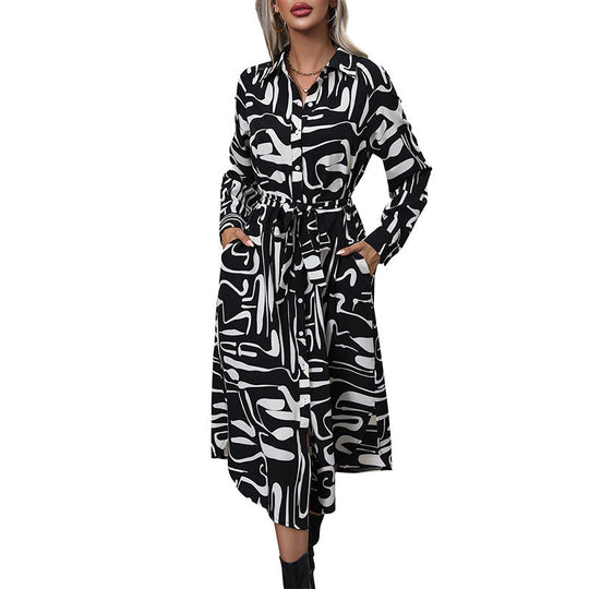 Damen Hemdblusen‑Midikleid mit abstraktem Print, Zierknopfleiste und Bindegürtel Nord Taschen