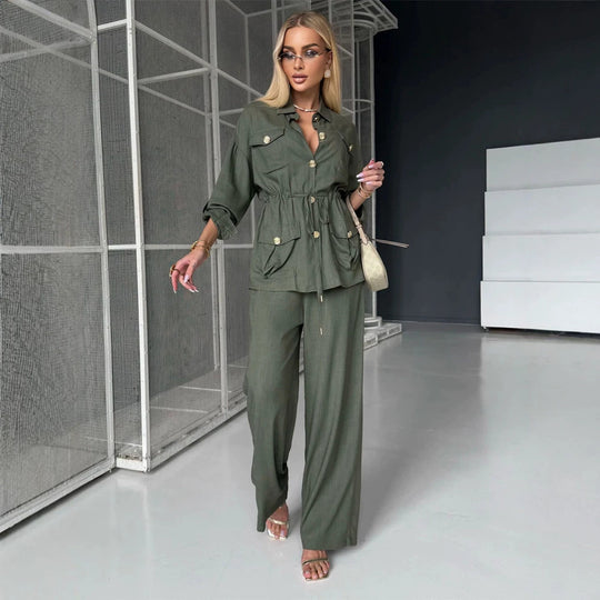 Damen Leinenoptik Utility-Hemdjacke mit Tunnelzugtaillierung und goldenen Zierknöpfen Nord Taschen