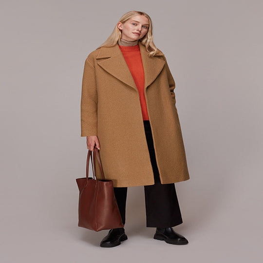 Damen Midilanger Wollmix‑Longmantel mit minimalem Schalkragen und relaxed Silhouette Nord Taschen