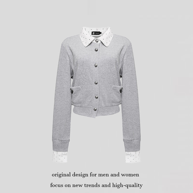 Damen Knopf-Sweatjacke mit eingesetztem Hemdkragen und Manschetten Nord Taschen