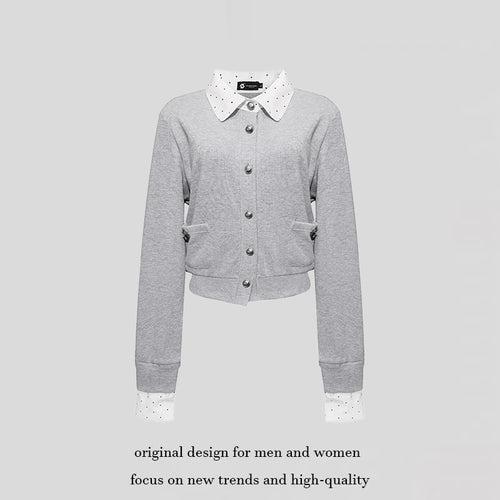 Damen Knopf-Sweatjacke mit eingesetztem Hemdkragen und Manschetten Nord Taschen