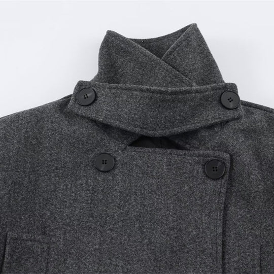Herren Kurzer doppeltreihiger Wollmantel mit Stehkragen und Taillengürtel Nord Taschen